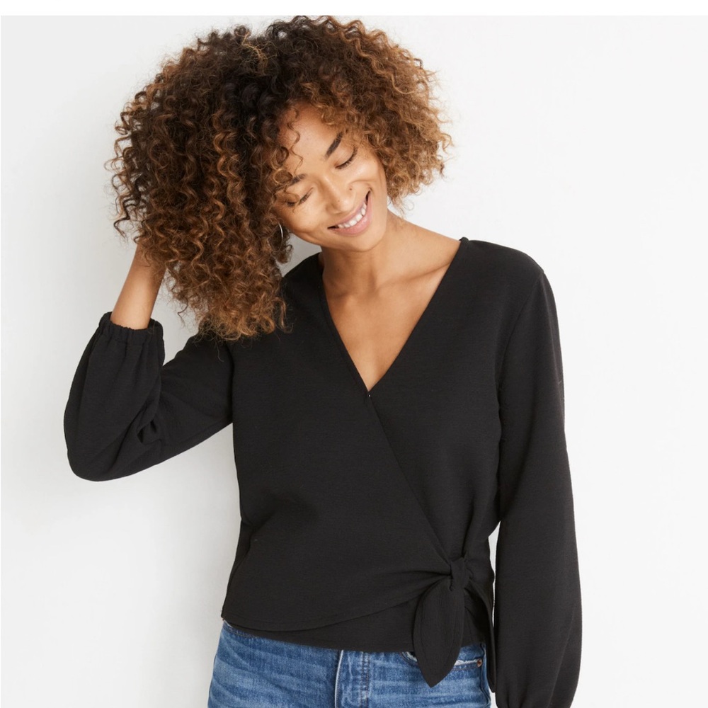 Madewell Texture And Thread Crepe Wrap Top Black Long Sleeve Blouse - M